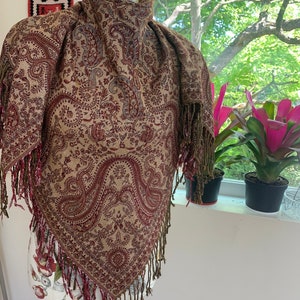 Germany rayon wool shawl burgundy with metallic thread image 1
