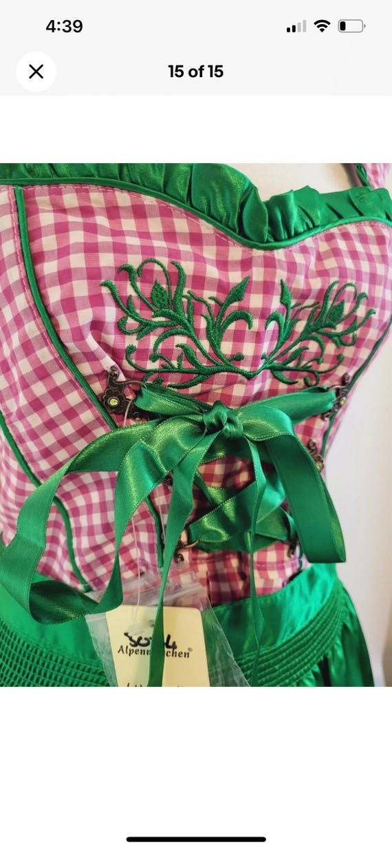 Abito Dirndl Tedesco Corto Per Donna Taglia 4/XS Verde Ricamato | Oktoberfest 3 Pezzi In Cotone - Foto 3