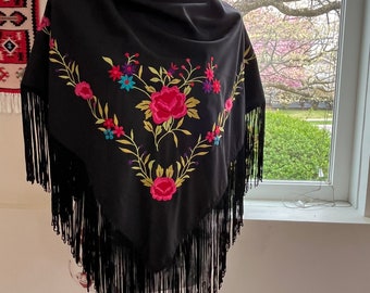 Spain rayon black  scarf embroidered with flowers with fringes