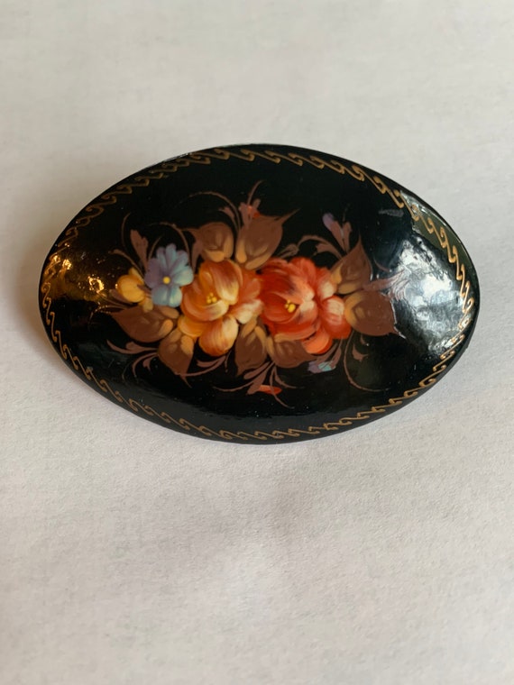 Russian vintage wood brooch pin