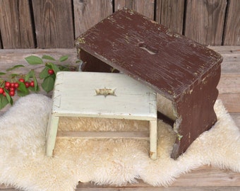 Vintage Primitive Milking Stool, White and Brown Wood Garden Stool