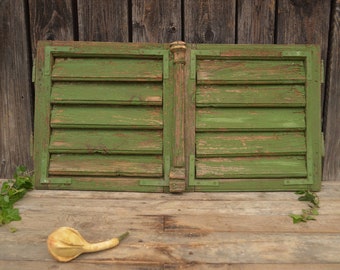 Small Antique Wooden Louvered Window Shutters, Set of 2 Green Panels