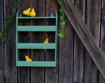 Green Wooden Rack, Primitive Spice Holder, Kitchen Shelf Wall Hanging