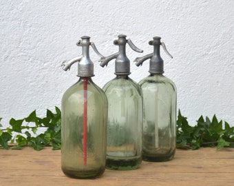 Light Olive Glass European Faceted Seltzer Bottles in Light Olive Glass