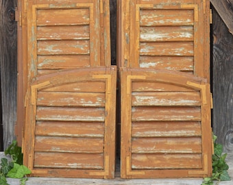 Antique Wooden Louvered Window Shutters Ochre, Set of 2 Panels