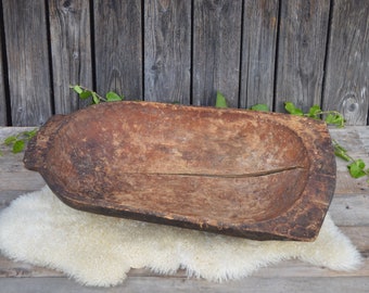 Large Primitive Dough Bowl with a Crack, Heavy Antique Hand Carved Wooden Trough
