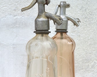 Vintage Romanian Seltzer Bottle: Pink Soda Water Siphon, Embossed Glass