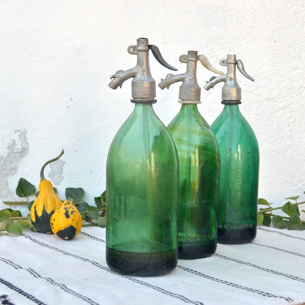 Romanian Seltzer Bottles, Emerald Green Vintage Soda Bottles