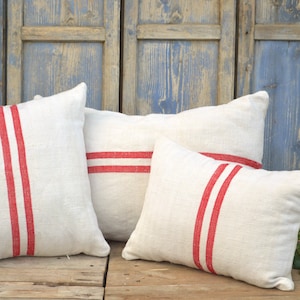 Fundas de cojín de lino de tela natural vintage tejida a mano, fundas de almohada de saco de grano a rayas