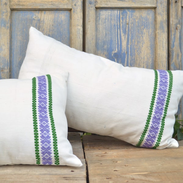 Antique Linen Cushion Cover, Handwoven Pillowcase with Purple and Green Geometric Embroidery