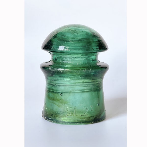 Green Insulator from Romania, CD 408 Insulator, Green Glass with Brown Swirls