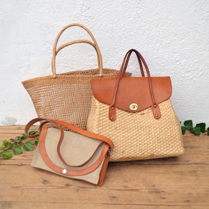 Vintage Rattan Basket Torebka ze skórzanym uchwytem, letnia słomiana torba, torebka z regulowanym skórzanym paskiem