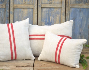 Linen Cushion Covers from Vintage Handwoven Natural Fabric, Striped Grain Sack Pillow Cases