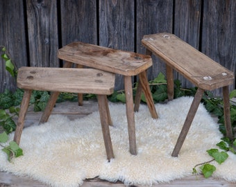 Rustic Wooden Stool, Primitive Milking Stool, High Step Stool