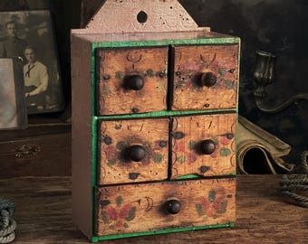 Vintage Hand Painted Wooden Spice Cabinet | Folk Art Floral Drawer ...