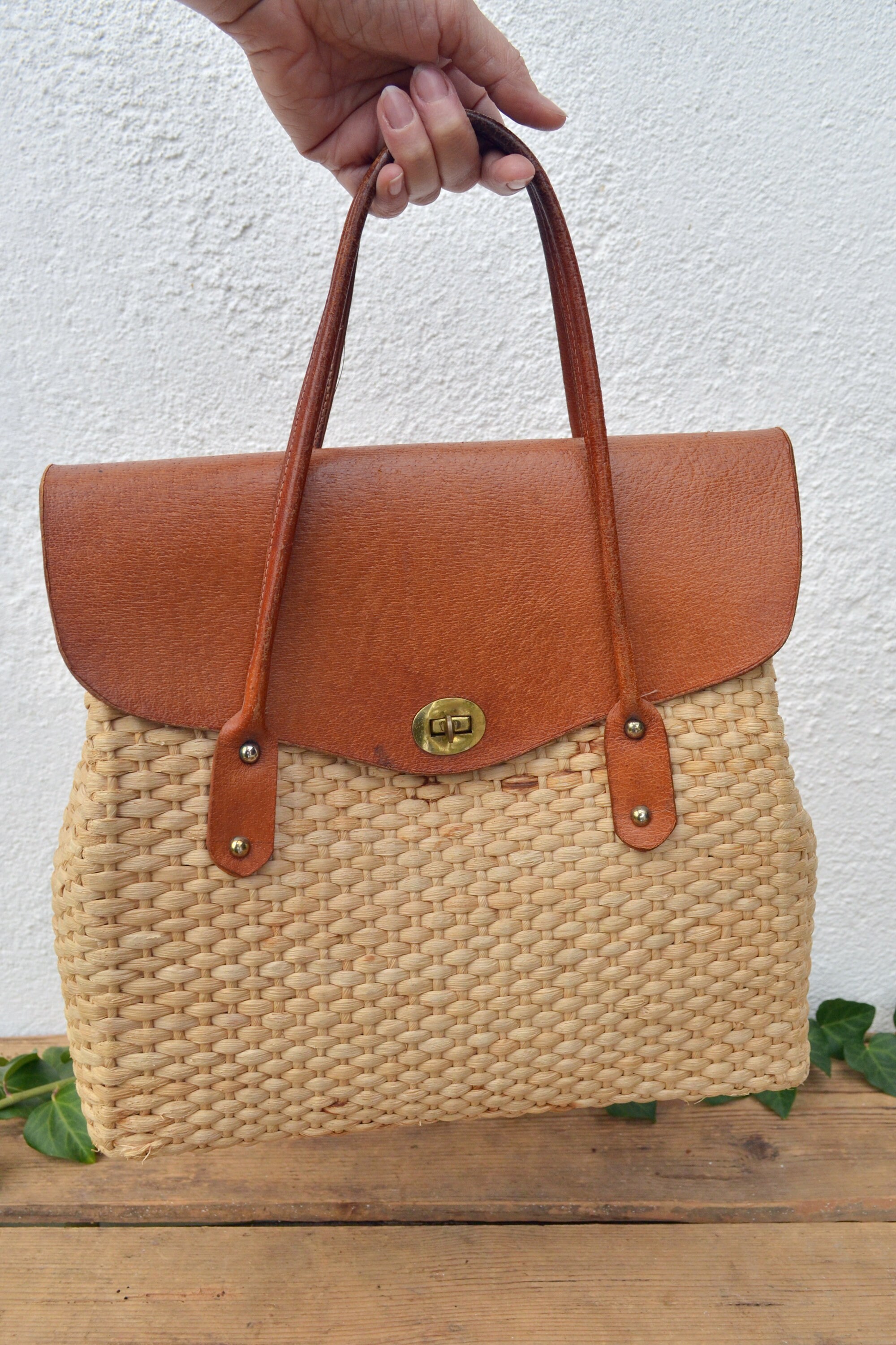Vintage Rattan Basket Purse with Leather Handle Summer Straw Etsy