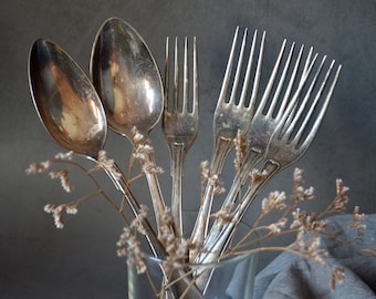 Tarnished Cutlery,  Set of 6 Rustic Spoons and Forks, Food Styling Photo Props