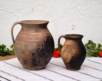 Primitive Rustic Burned Clay Pitcher Jugs, Old Cooking Vessels