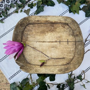 Rustic Vintage Wooden Serving Plate, Hand-Carved Antique Tray with Metal Stitch Repair, Farmhouse Kitchen Decor & Food Photography Prop