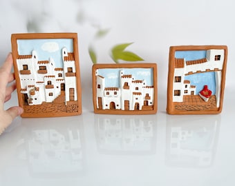 Handmade Ceramic Frame Greek Houses, Greek Souvenir Wall Decoration