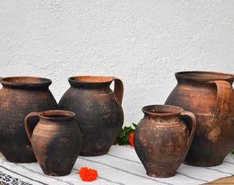 Primitive Jugs, Rustic Burned Clay Pitcher, Old Cooking Vessel