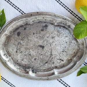 Vintage Oval Tray Silver Color, Flat Lay Props, Textured Metal Tray
