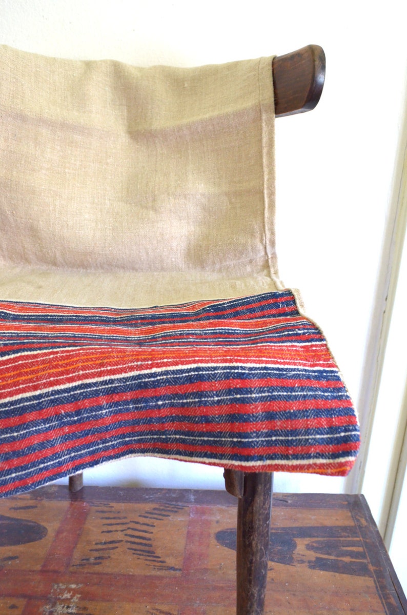 Antique Handwoven Grain Sack / Grain Sack Pillow Cover Fabric / Decorative Hay Sack Hand Loomed / Antique Hemp Textile in Red Blue Stripes image 1