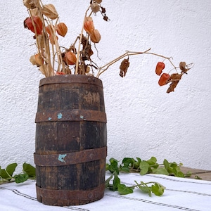 Primitive Wooden Barrel, Small Antique Barrel with Metal Bands, Vintage Farmhouse Decor