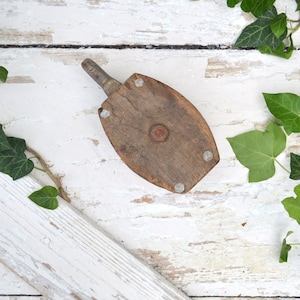 Vintage Wood and Brass Pulley: Industrial Decor