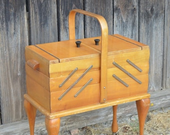Vintage XL Sewing Box with Legs, Mid Century Modern Wood Sewing Cabinet, Accordion Folding Knitting Box, Big Jewelry Box Organizer 50's-60's