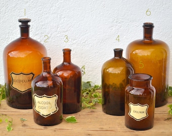 Vintage Apothecary Jars with Stoppers from Brown Amber Glass in Different Sizes