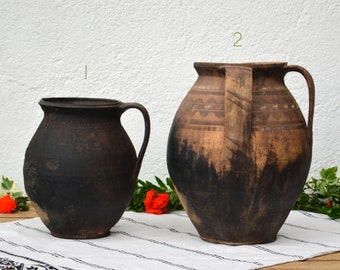 Primitive Jugs, Rustic Burned Clay Pitcher, Old Cooking Vessel
