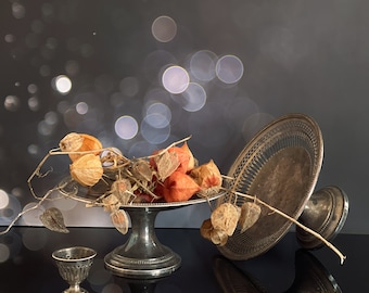 Vintage pedestal serving dish, footed metal fruit bowl, display tray with foot, Tarnished Cake Stand, Egg Holder Cup