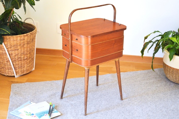 Mid Century Modern European Wood Accordion Sewing Box
