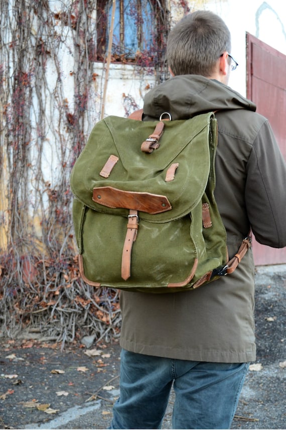 Vintage Canvas and Leather Large Army Backpack Bag -  Canada