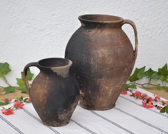 Primitive Jugs, Rustic Burned Clay Pitcher, Cooking Vessel