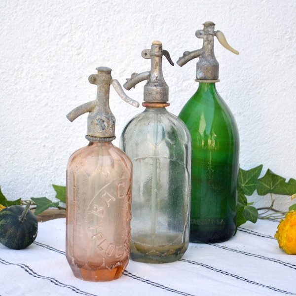 Rare Pink Half Size Seltzer Bottle, Antique Clear Faceted Soda Bottle, Romanian Emerald Seltzer