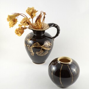 Vintage Sgraffito Vase, Spiral & Fish Scraffito Ceramics