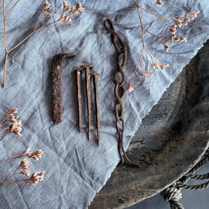 May include: A collection of rusty metal objects, including a chain, a nail, and a bent piece of metal, arranged on a grey fabric background.