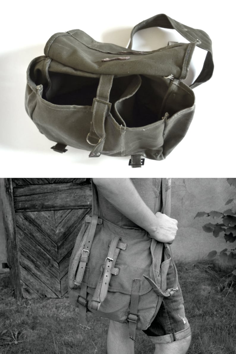 Vintage Light Canvas Messenger Bag With Leather Straps Army Etsy