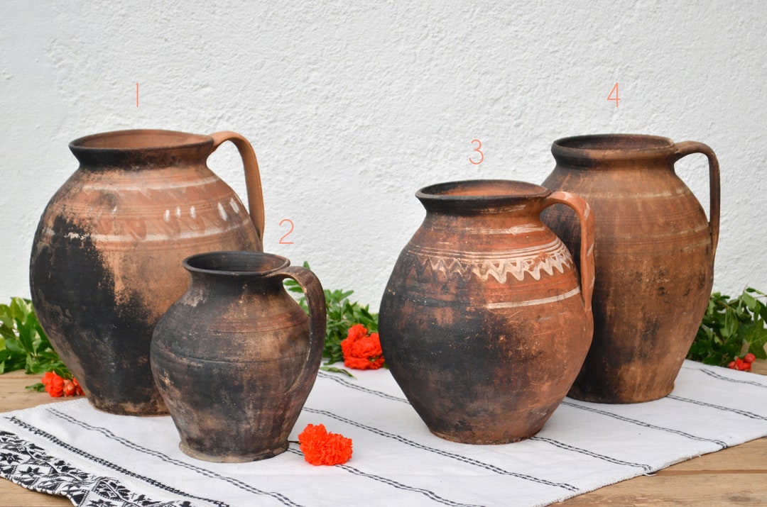 Bone Inlay Rice Pitcher Primitive Vintage Primitive Burned Clay Pitcher Jugs, Primitive Cooking Vessels ...