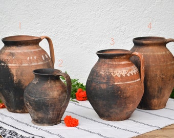 Vintage Primitive Burned Clay Pitcher Jugs, Primitive Cooking Vessels