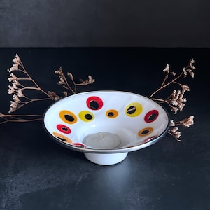 Vintage Enamel Metal Tealight Holder, Retro Atomic Space Age Design Candle Holder