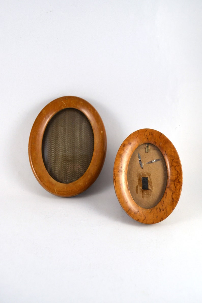 Set Of 2 Tiny Oval Wooden Picture Frames With Glass Vintage 50