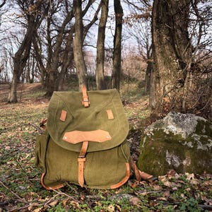 Vintage Canvas and Leather Large Army Backpack Bag