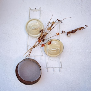 May include: A vintage kitchen display featuring a metal plate rack holding two cream-colored plates with black trim. A rustic metal strainer and dried branches with orange berries add a touch of nature. The items are mounted on a white wall.