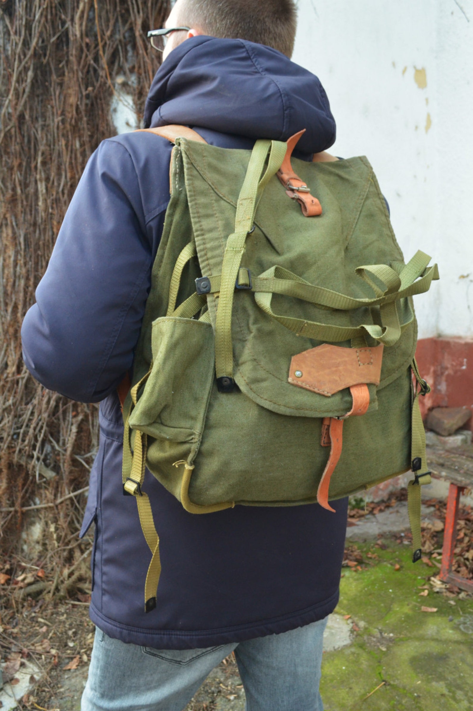 LIGHT Canvas Army Backpack With WEBBING for Bike Helmet Etsy