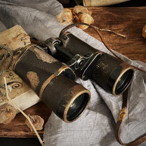 May include: Antique black binoculars with brass accents and a leather strap rest on a gray cloth. The binoculars have a textured surface and are positioned near dried seed pods and a vintage book, suggesting a theme of exploration or history.