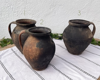 Primitive Jugs, Rustic Clay Pitcher, Old Water Vessel