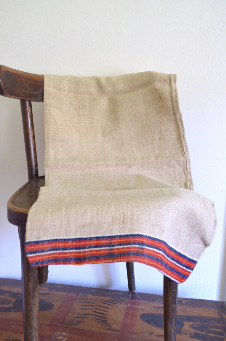 Antique Handwoven Grain Sack / Grain Sack Pillow Cover Fabric / Decorative Hay Sack Hand Loomed / Antique Hemp Textile in Red Blue Stripes image 3